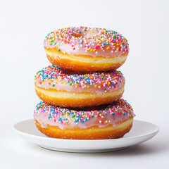 Stack of colorful donuts with sprinkles on a white plate against a plain background, perfect for dessert lovers