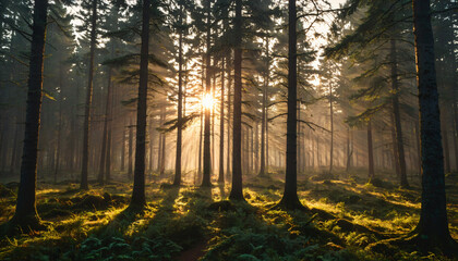 Obraz premium Lever de soleil mystique en forêt