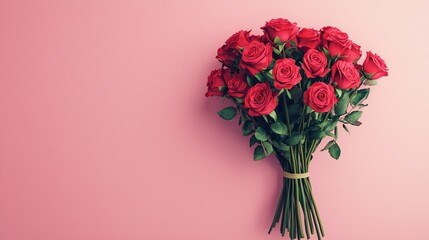 Obraz premium Valentine's Day Romantic Red Roses Bouquet on Pink Background Valentine s Day Gift