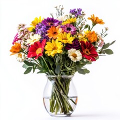 Colorful bouquet of fresh flowers arranged in a clear glass vase on a bright background