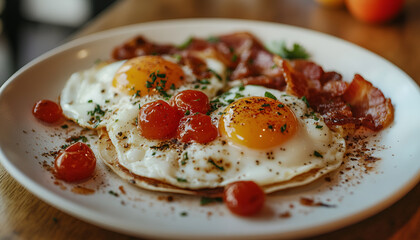 Breakfast with fried eggs and bacon close up. Fried sunny side eggs with bacon on plate, healthy keto meal