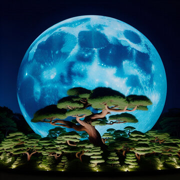 uma lua azul gigante com vegeta&ccedil;&atilde;o no estilo japon&ecirc;s