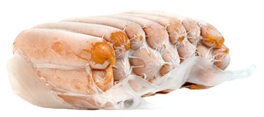 closeup frozen sausage in plastic bag with ice crystals isolated