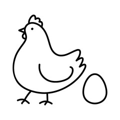 太った鶏と産みたての卵のラフな手描き線画イラスト　透過背景の切り抜き