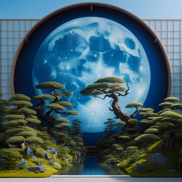 uma lua azul gigante com vegeta&ccedil;&atilde;o no estilo japon&ecirc;s, silhueta realista