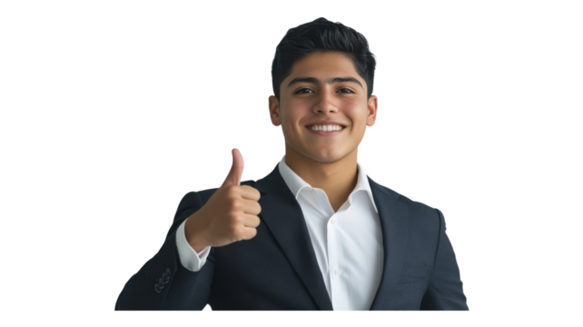 Young man in a suit giving a thumbs up sign with a smile, expressing confidence and positivity in a professional environment.