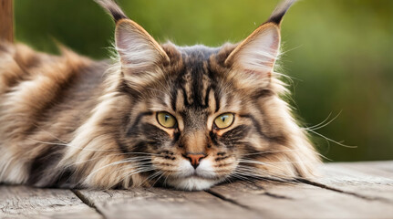 Majestic maine coon cat relaxing on a wooden surface in a sunny outdoor setting