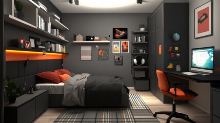 Interior of modern teenager or young person room with black furniture, shelf, desk, bed
