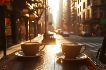 Obraz premium Two steaming cups of coffee on a table with a bustling city street in the background.