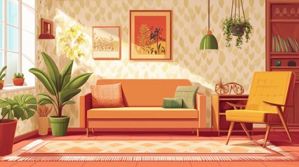 Fototapeta premium Interior of retro vintage living room with couch, armchair, wooden furniture, carpet, potted plants, home decorations