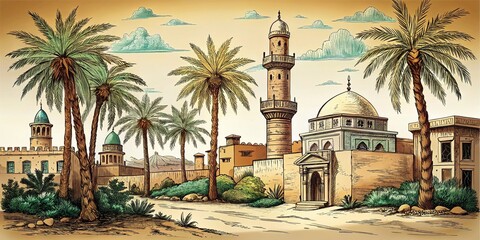 Naklejka premium Aged Middle Eastern Oasis: Vintage Tower & Palm Trees - Retro Engraving Style Stock Photo