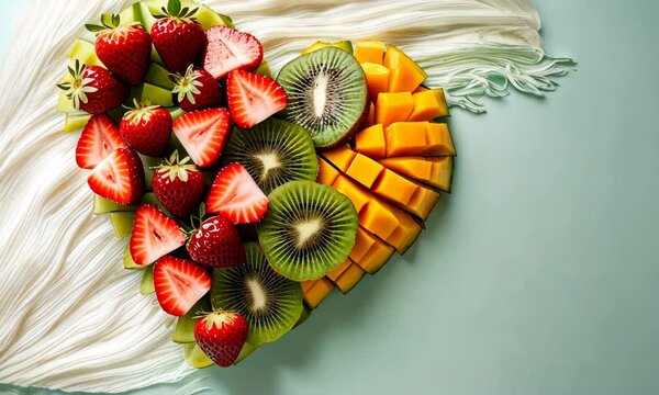 Heart made of different berries and fruits like strawberries, kiwi and mango. Copy space for text