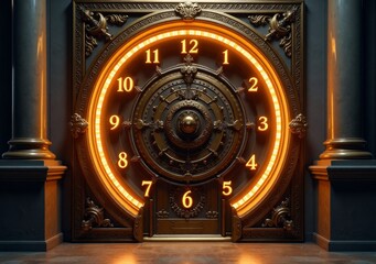 Elaborate clock tower door with glowing elements in a dimly lit environment