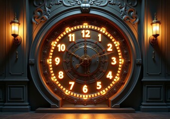 Vintage clock design with lit numbers and ornate details for indoor decor
