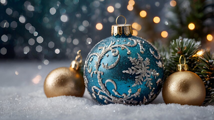 Festive New Year's decorations resting on a blanket of glistening snow, creating a magical and wintry holiday atmosphere