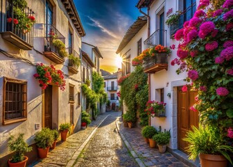 Obraz premium Albaicin Street, Granada, Spain: Charming Cobblestone Lane with Whitewashed Buildings and Lush Greenery