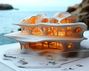 Organic architectural model illuminated at dusk.