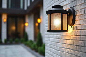 Glowing wall lamp on white brick wall, illuminating courtyard entrance at dusk