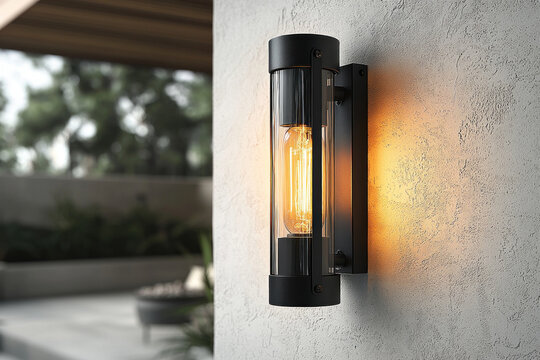 Modern outdoor wall light illuminates patio; fire pit glows in background
