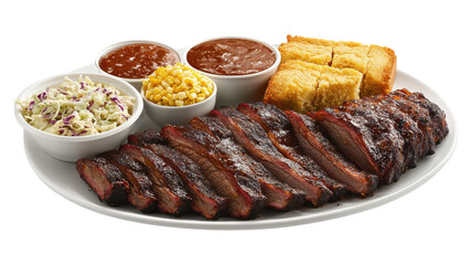 Delicious barbecue brisket served with coleslaw, cornbread, corn, and barbecue sauce at a rustic dining table.