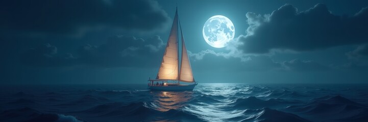 A serene night scene featuring a sailboat illuminated by a full moon, creating a tranquil atmosphere over shimmering ocean waters.