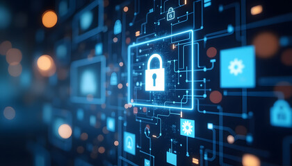 Futuristic Cybersecurity Lock with Neon Energy Aura