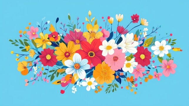 Joyful Spring logo with an explosion of flowers on blue background, happy handwriting word in a colorful floral design, festive seasonal greeting card