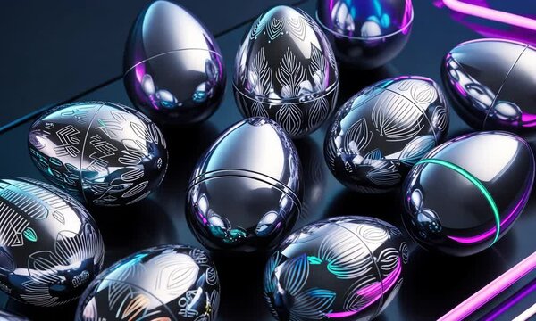 Futuristic Easter eggs with neon blue and pink patterns. Modern celebrations, digital art themes, or unique seasonal concepts