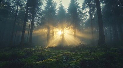 Obraz premium Mystical forest scene captures Tyndall effect as golden sunbeams pierce through misty trees, illuminating moss-covered ground and creating magical woodland atmosphere.