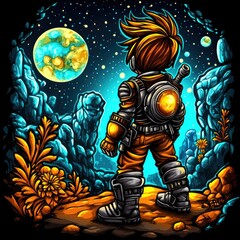 A character in a space suit gazes at planets and a starry sky amidst colorful landscapes.