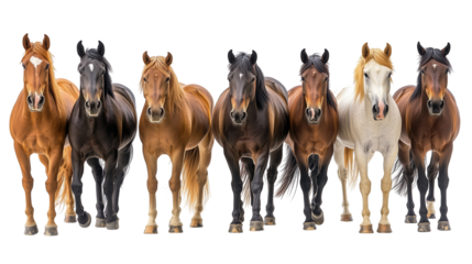 A breathtaking view of horses galloping together in perfect rhythm. Isolated on white and transparent Background