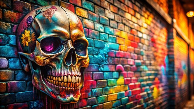 Fototapeta Artistic Skull Graffiti Bokeh Effect - Urban Decay Street Art Photography