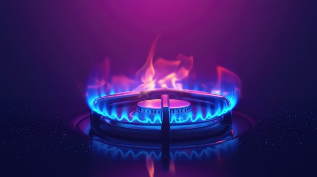 Kitchen gas stove burner with blue flame transparency. Horizontal banner with burning gas stove burner on the kitchen stove. Economic crisis, the cost of gas rising.