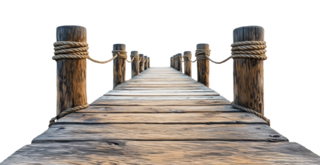 old weathered wooden pier, seaside dock boardwalk, rope on posts, cutout png