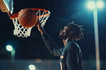 Athletic basketball player in action shooting a three-pointer