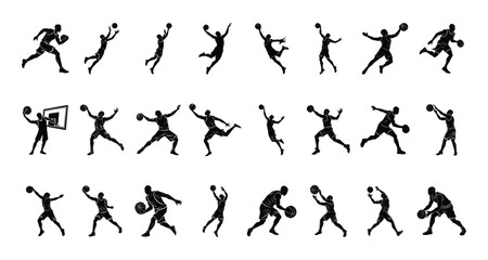 Dynamic basketball player silhouettes on white background