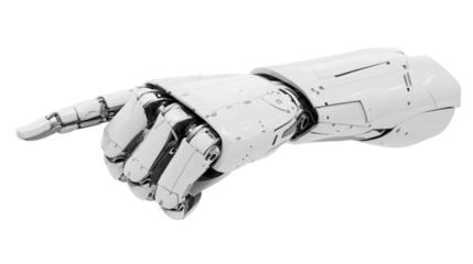 Sleek White Cyborg Robotic Hand Pointing Forward, Modern Design, Isolated on White and Transparent Background