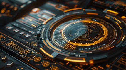 Futuristic Digital Interface with Glowing Orange Circular Control Panel