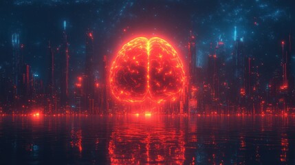 Fototapeta premium A glowing brain in a futuristic cityscape, symbolizing intelligence.