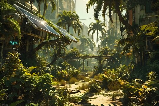 Systopian solarpunk tropical garden with trees in the morning