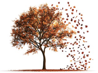 Fototapeta premium Silhouette of a tree with falling leaves on a white background