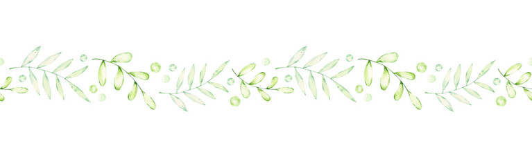 Watercolor seamless border with green branches and leaves. Horizontal banner with greenery, spring leaves. Hand drawn nature illustration for design and decoration. Ribbons, tape and packaging
