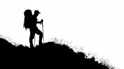 Silhouette of a mountain hiker on a white background
