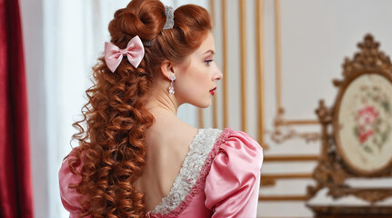 Elegant woman with curly red hair in vintage attire poses in a luxurious interior setting, showcasing rich colors and intricate design