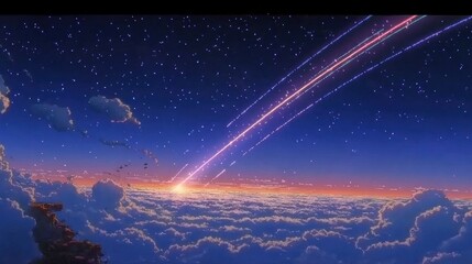 Magical sunset with shooting stars over clouds.