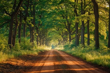 Fototapeta premium a serene forest pathway surrounded by tall trees with lush green foliage