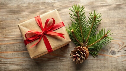 Beige Craft Gift Box with Red Ribbon, Pine, and Cone - Top View