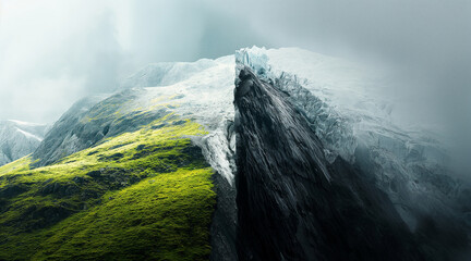 Dramatic Landscape of Contrasting Green Hills and Icy Mountain Peaks Under a Moody Sky