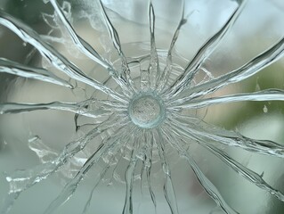 close-up of shattered glass, radial cracks emphasized.