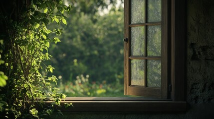 Fototapeta premium Open window with ivy, showing a lush green garden.